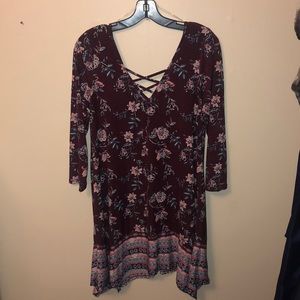 Burgundy floral criss cross long sleeve dress